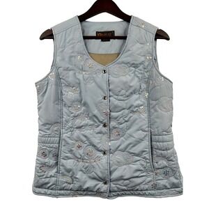 Ariat Puffer Sequined Vest Sz‎ Medium Sleeveless Embroidered Pockets Pale Blue